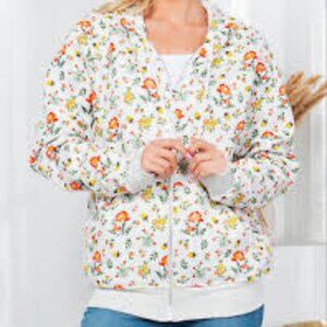 NWT - L.A. Floral & Mushroom Print Zip Up Fleece Zipper Hoodie Size - Large